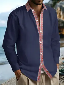 Men's Geometric Embroidered Shirt, Cotton Linen Texture, Breathable, Loose Fit, Spring Summer Fashion, Casual Vacation Commute Top