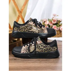 Brand GGOR Men'S Classic Stylish Leopard Print Black Casual Skate Shoes| Low Top Lace Up with Golden Glitter Patterns, Suitable for Outdoor, Commuting, Work, and Parties, All-Season