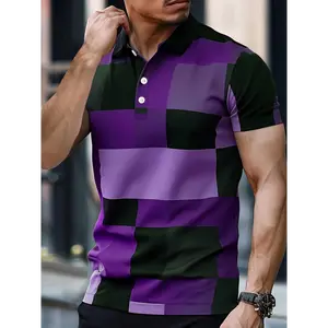 Men's Stylish Checkered Print Short Sleeve Shirt - Purple & Black, Breathable Polyester, Button-Up Collar, Perfect for Casual or Sporty Wear, Breathable Casualwear | Checkered Pattern Shirt | Machine Washable Top