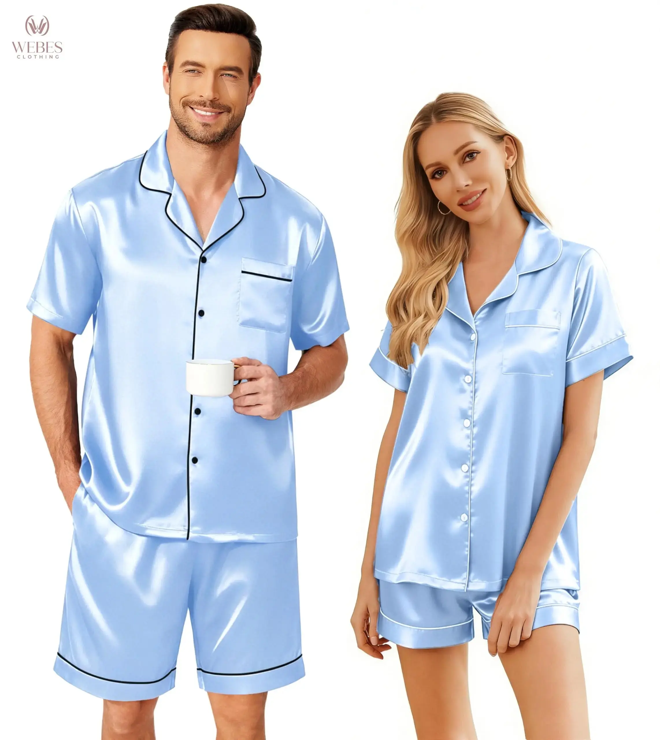 Ekouaer Couple Matching Pajama Sets Silk Short Sleeve Button-Down Sleepwear Satin PJs Shorts Set Soft Loungewear S-XXL