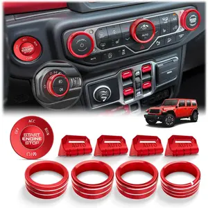 for 2018-2026 Jeep Wrangler JL/JLU & 2020-2026 Gladiator JT Accessories – 10PCS Aluminum Knob Cover Trim Set (Red) for Push Start, AC, Volume, Headlight & Window Switch Button