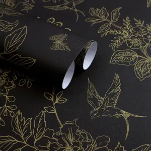 Black and Gold Wallpaper Peel and Stick Wallpaper 17.7"x118.1" Vintage Floral Boho Peel and Stick Wall Paper Dark Removable Self Adhesive Contact Paper for Bedroom Cabinets Shelf Liner Vinyl