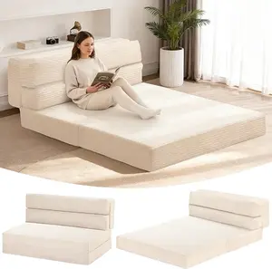 WINZOO Beige Convertible Futon Sofa Bed, Corduroy Fabric High-Density Foam Loveseat, Multifunctional Foldable Design for Living Room & Bedroom Reading Relaxation