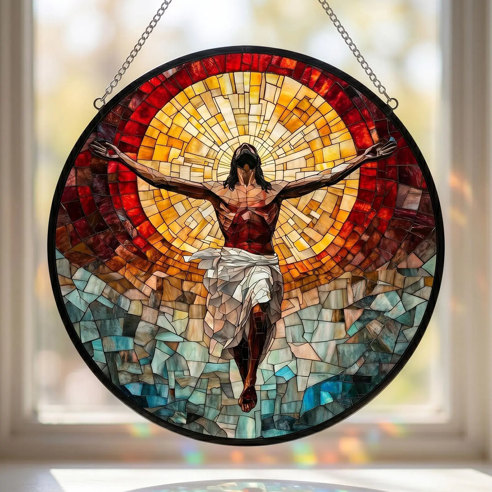 [Made in US] Jesus Stained Glass Suncatcher, Resurrection of Christ Window Hanging, Religious Faith Mosaic Ornament, Christmas Gift for Christian Mom
