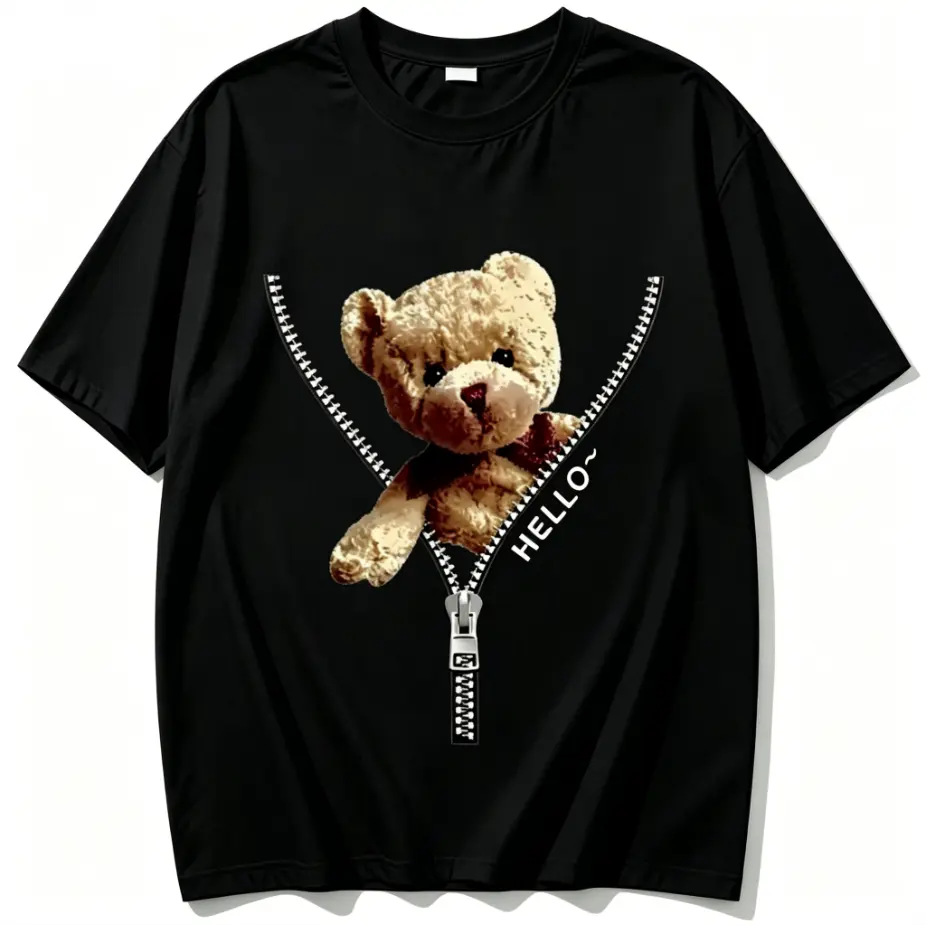 Women's 100% Cotton Short-Sleeve Casual Everyday Top - Teddy Bear Peeking From Zipper "HELLO" Graphic T-Shirt, Cute Kawaii Design