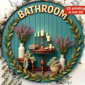 Vintage Rustic Round Blue Aluminum Tin Sign Bathroom Text Floral Candles Design Reusable Home Decor for Bathroom Wall Art metal wall sign Vintage Metal Tin Sign home decor plaque funny bar signQuality Craftsmanship 2D Flat Flower