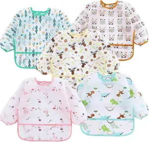 Mothers Day Gift 5 Pack Long Sleeve Bibs| Waterproof Full Bib with Sleeves for Babies Infant Toddler 6-24 Months| Mess Proof Baby Smock for Eating| Baby Apron for Feeding
