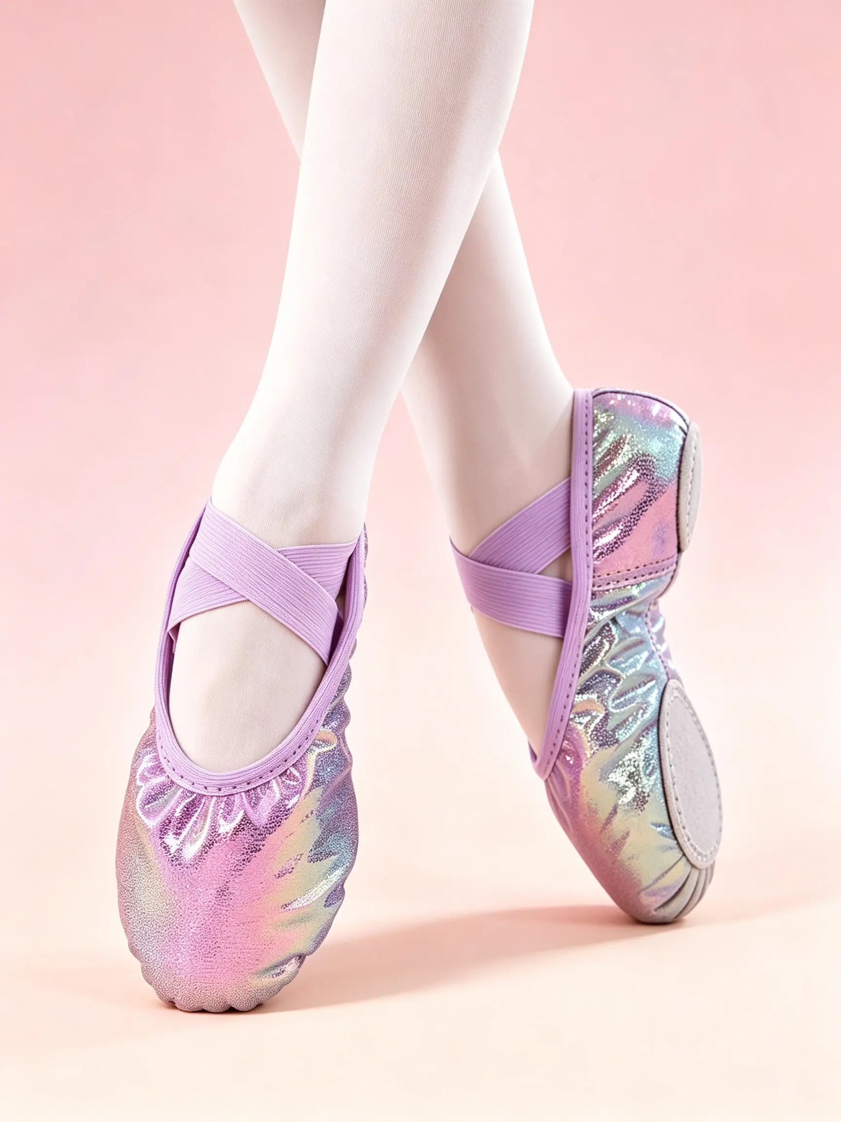 Holographic Rainbow Cross Strap Girls Dance Shoes Split Sole Soft Ballet Slippers Shiny Iridescent Gymnastics Footwear For Toddler Kids Dance Class Stage Performance Daily Training