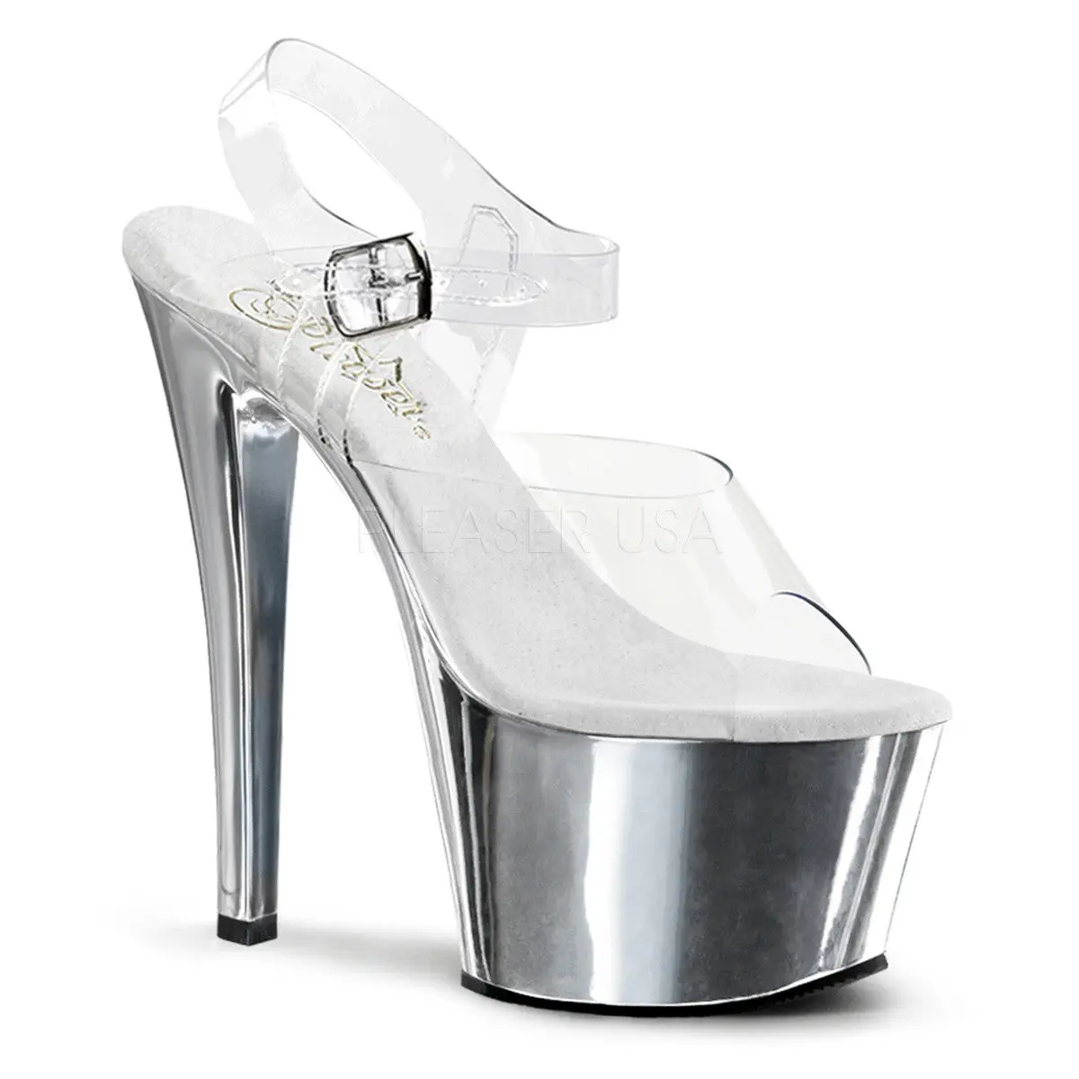 Women's Stiletto High Heel Sandals with a 7-Inch Silver Chrome Platform and Transparent Ankle Straps, Classy Footwear SKY-308