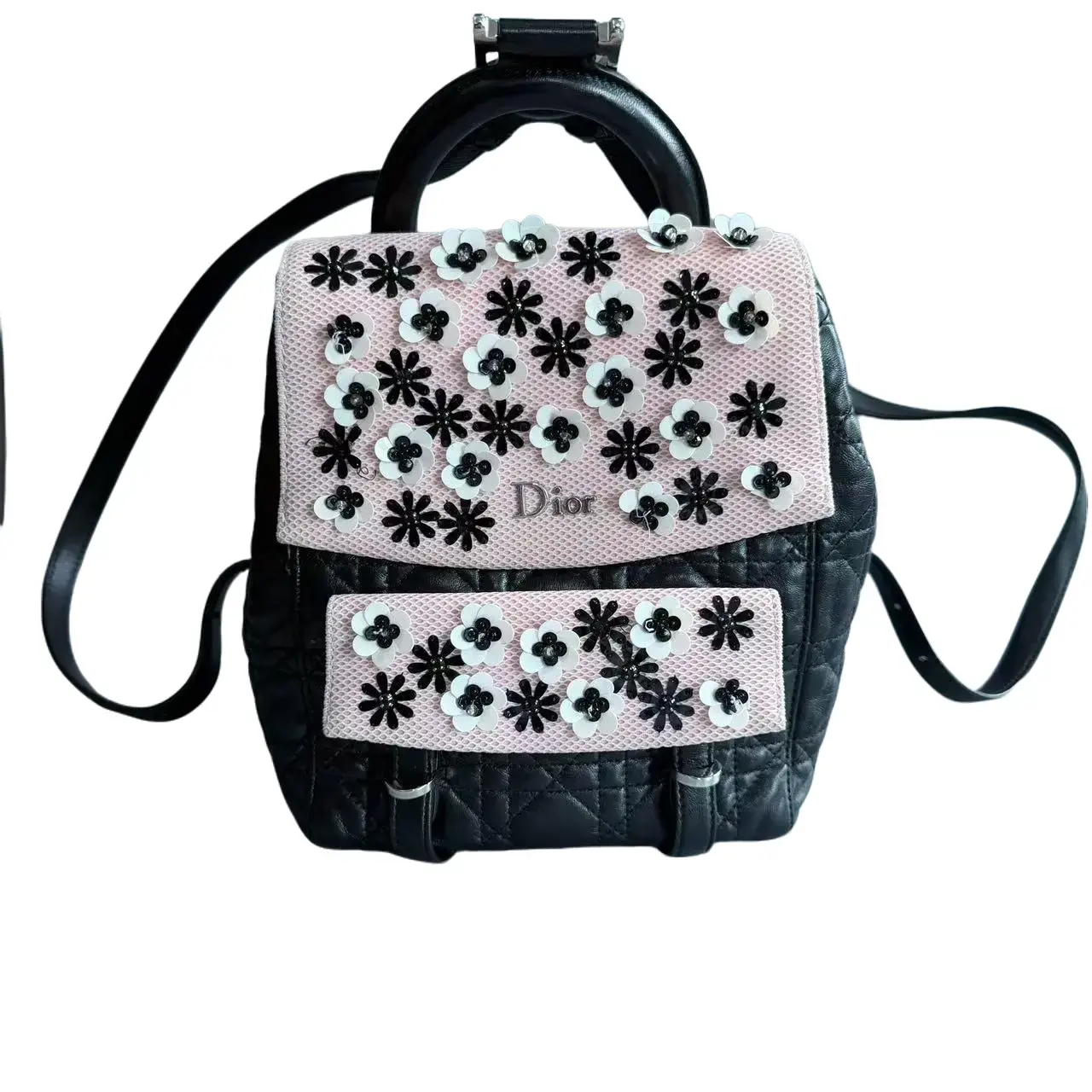 Pre-owned Dior Mini Cannage Backpack Black Lambskin, Pink Floral Embellished, Zip Closure, Fine Texture, Intact Frame, Smooth Calfskin Trim, Style X206 26.06.13, Daily Wear Backpacks
