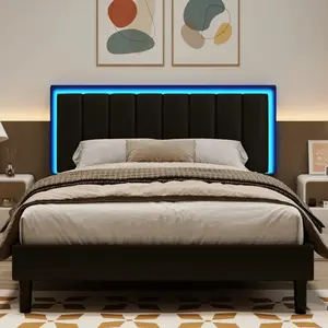 Upholstered Platform Bed Frame Featuring Smart RGB LED Lights with Remote Control for Bedroom and Guest Room, Heavy Duty Slats Support for Queen Size Mattress, Built-in USB Port and Adjustable Faux Leather Headboard, No Box Spring Needed
