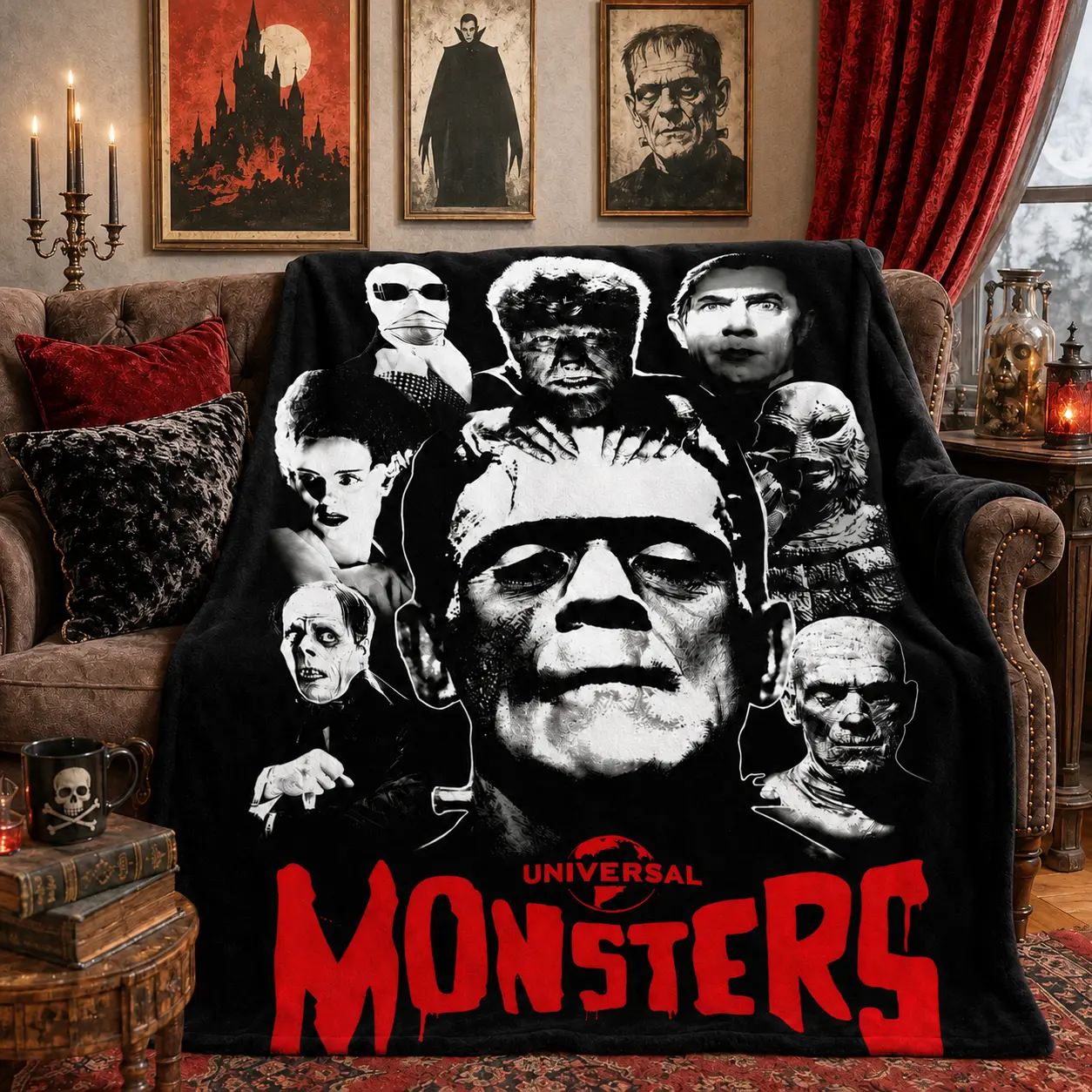 Universal Monsters Halloween Decorative Cozy Warm Blanket, Classic Horror Monster Throw, Super Soft Retro Horror Decor for Halloween Movie Nights