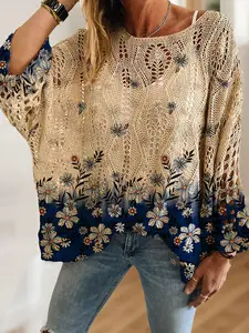 Women's Gradient Floral Print Long Sleeve Batwing Knit Hollow Out Top, Casual Elegant Vacation Style Sweater, Comfortable Breathable Lightweight Loose Fit, Knitwear