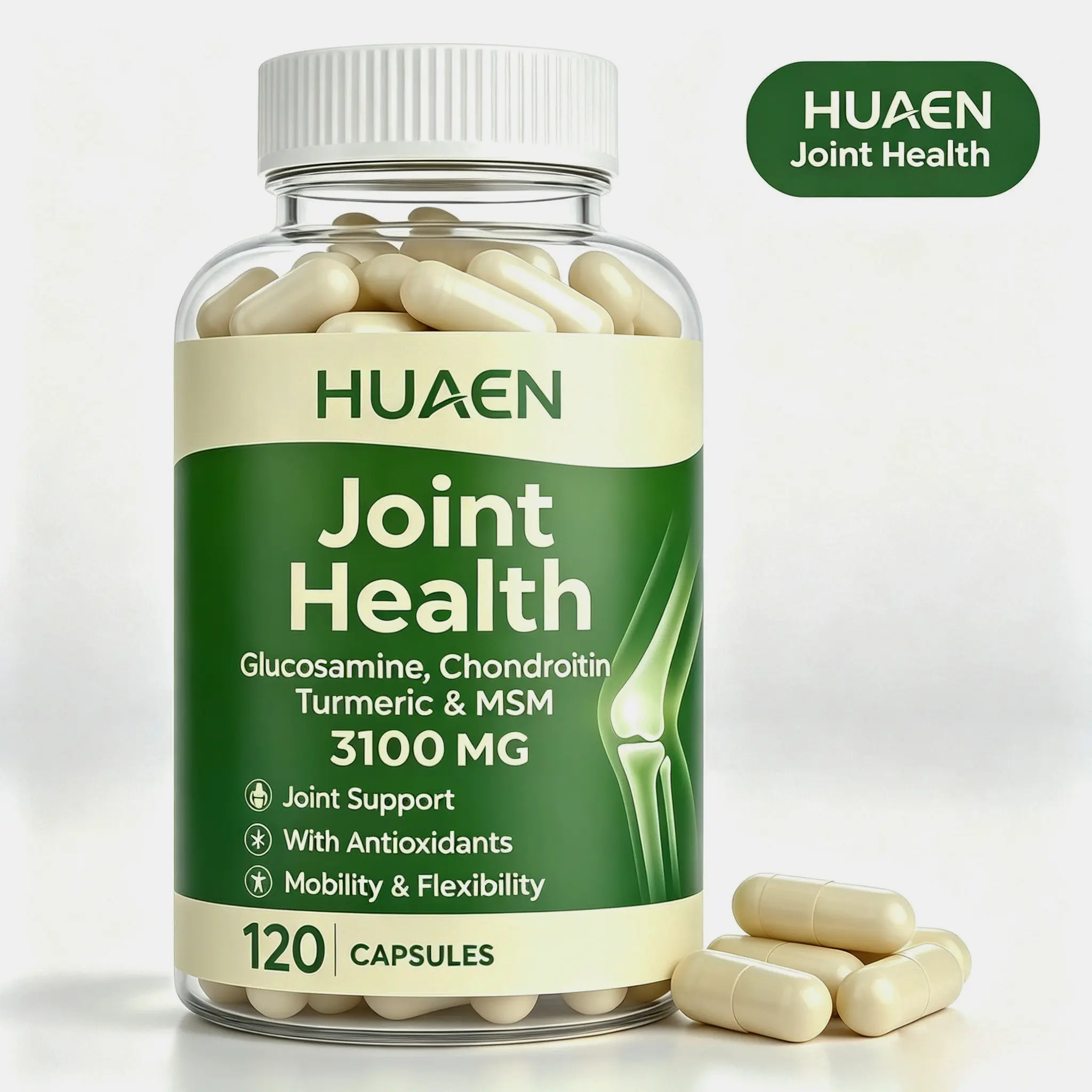 HUAEN Joint Health Complex | Glucosamine Chondroitin MSM Turmeric 3100MG | 1 Bottle = 30-Day Supply