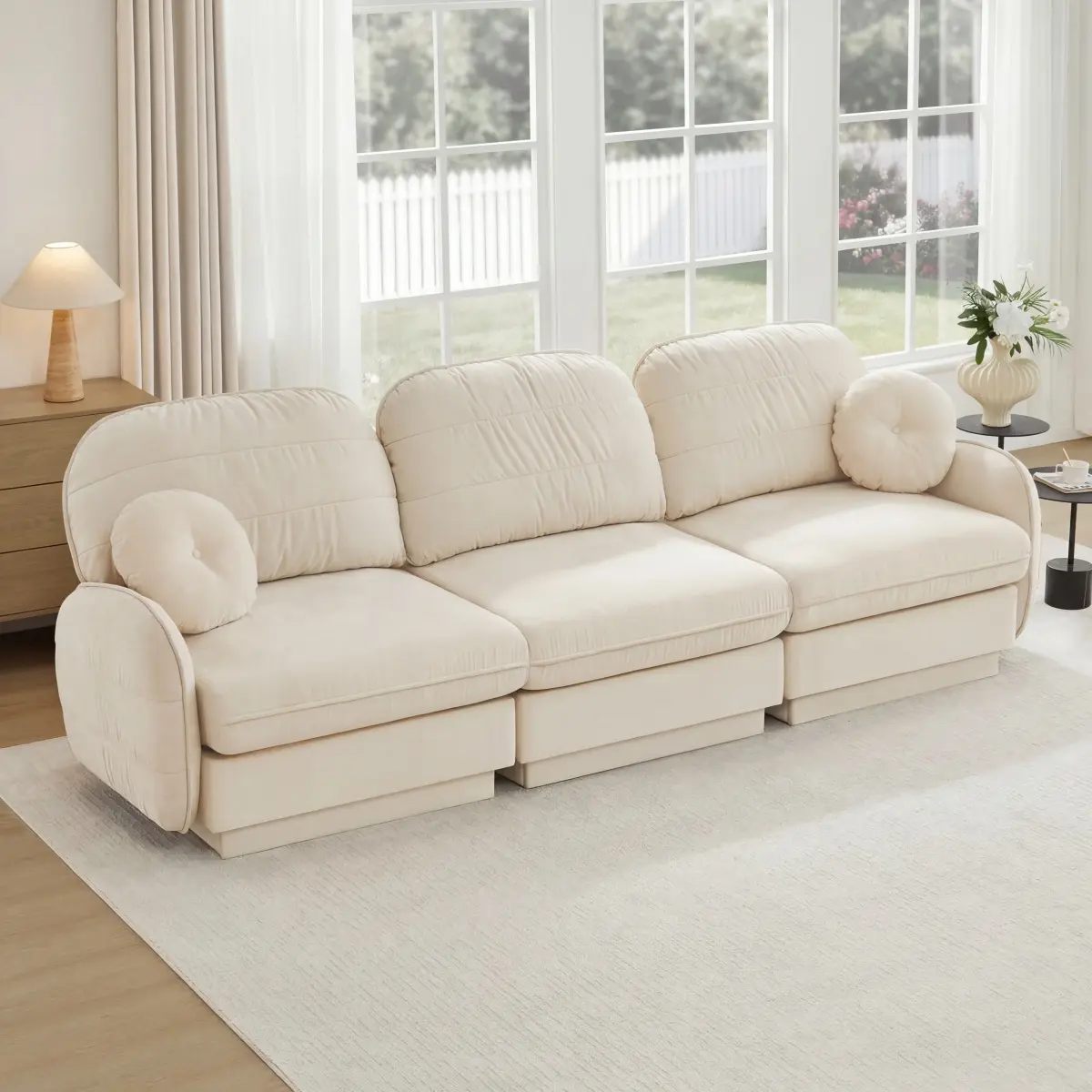 105" Cream Beige Chenille Cloud 3-Seater Comfy Couch - Modern Indoor Living Room Sofa for Friends, Family, Clean Aesthetic, Easy-to-Use & Ergonomic Furniture, Exquisite Round Pillows, Recessed Base Legs, Deep Seat, Easy Assembly, Easy To Use Living Room F