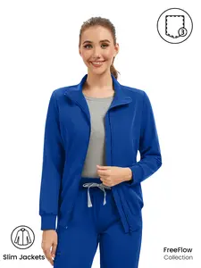 KITMAZ Women's Scrub Jacket - Long-Sleeve Collared Zip-Front Stretch Slim-Fit Medical Uniforms Jacket, Workwear with 3 Pockets for Healthcare Professionals