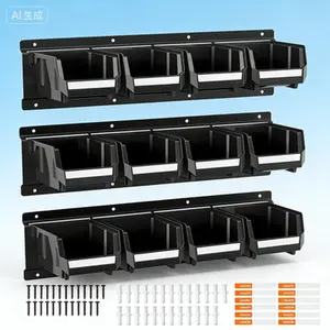 Wall Mounted Stackable Storage Bins, 12 Plastic Bins & 3 Metal Rails, Hanging Organizer for Hardware Screws Nuts Bolts, Tool Parts Storage for Workshop Garage, Reusable Durable Plastic Storage System