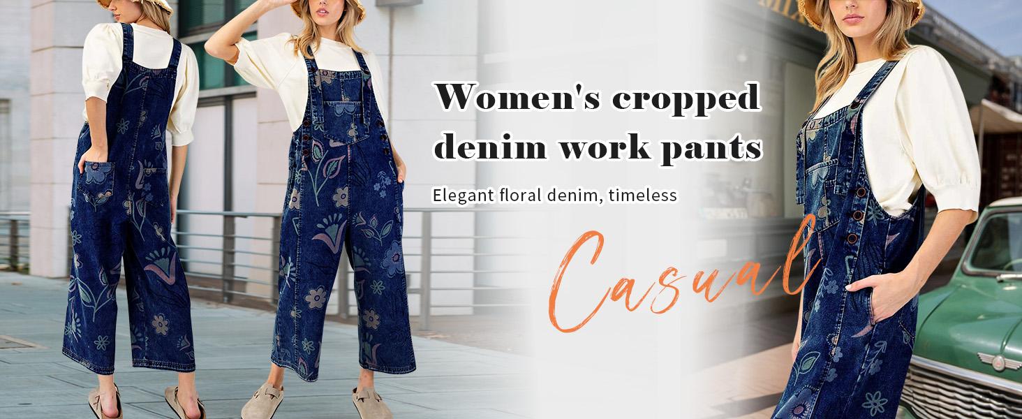Chouyatou Women's Y2K Casual Denim Jumpsuits Baggy Floral Printed Distressed Wide Leg Bib Overalls