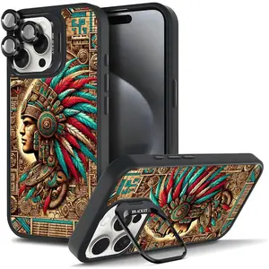 Mysterious Maya style totem personalized Magsafe Casing For iphone  17 16 15 14 13 12 PRO PLUS MAX Hard TPU Metal lens frame Film With Bracket Stand Gift Shockproof Protection Anti-Drop Protective Protector Camera Holder Phone Cases Shell Cover men 016