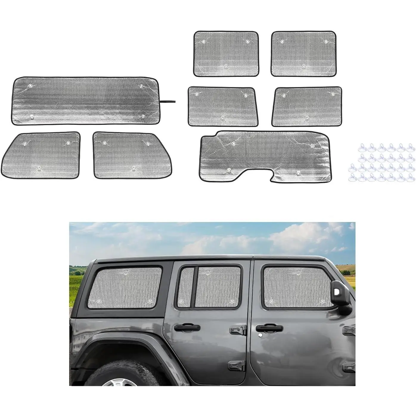 8-Pcs Windshield Sunshade Set Pack, Aluminum Foil Heat Blockage UV Protection Sun Visor Covers for 2018-2026 Jeep Wrangler JL/JLU & Gladiator JT Front & Rear Windows