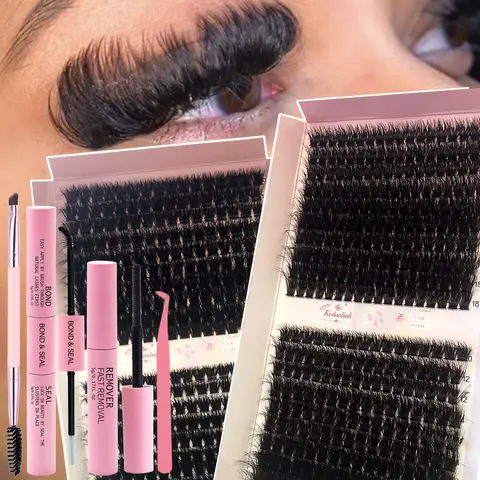 Fluffy Faux Mink Eyelash Extensions Kit - 340PCS Full Volume Cluster Lashes Set, 80D/100D/120D Thick Wispy Individual Clusters (10-18mm) with Bond, Seal, Remover & Tweezer for DIY Application