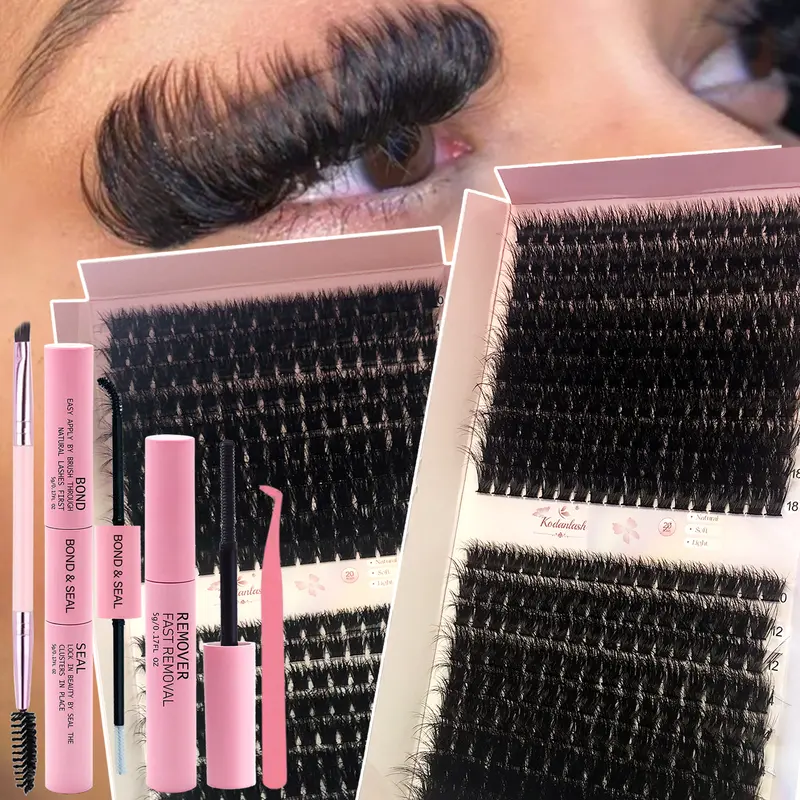 Fluffy Faux Mink Eyelash Extensions Kit - 340PCS Full Volume Cluster Lashes Set, 80D/100D/120D Thick Wispy Individual Clusters (10-18mm) with Bond, Seal, Remover & Tweezer for DIY Application