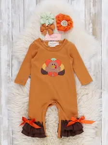 Orange & Brown Embroidered Turkey Ruffle Romper