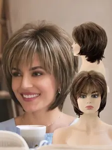 Women's Short Hair Wigs with Bangs, 8 Inches Dark Mixed Blonde Pixie Cut, Straight Synthetic Fiber Wigs, Synthetic Machine Wigs