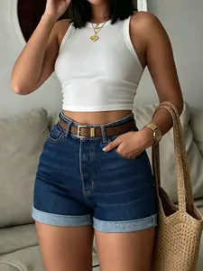Dark Wash High Waist Rolled Hem Plus Size Jeans Shorts, Slim Fit Straight Leg Hot Pants, Summer Commute Casual Versatile Style, Womenswear Bottom Denim