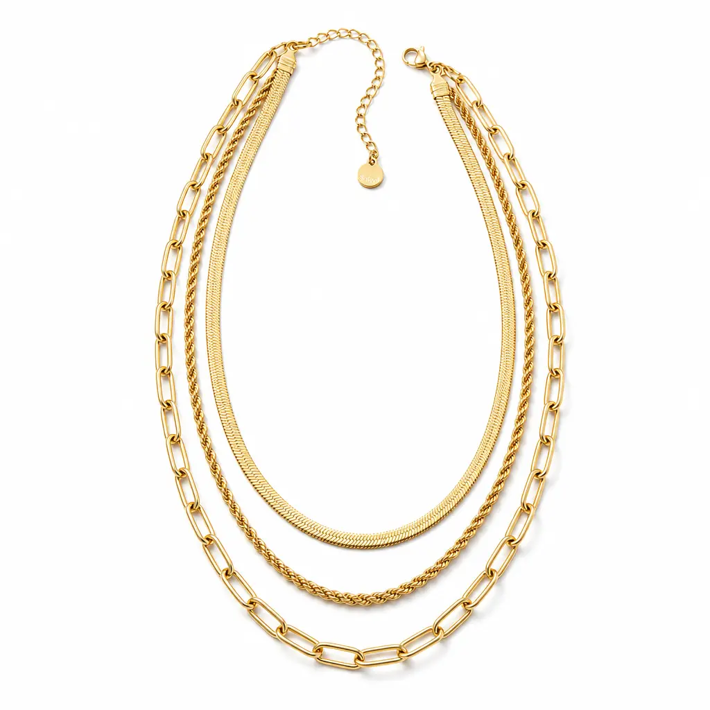 Women's Elegant Gold Layered Necklace, Interlocking Links, Rope Design, Fashion Costume Jewelry Accessory