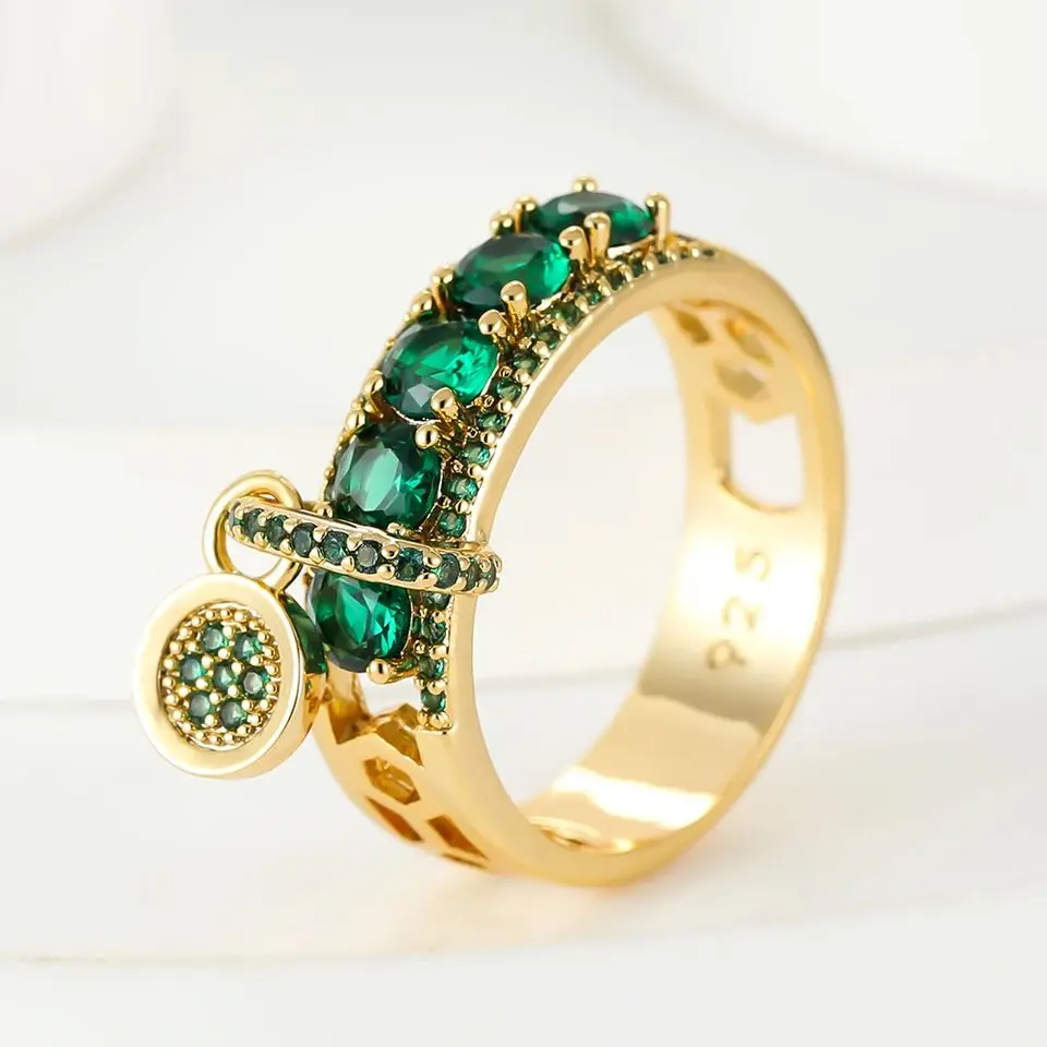 Vintage Female Green Stone Dangle Ring Gold Color