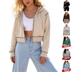 Tanming Womens Short Hooded Sweatshirt Colorblock Zip Pullover Top Stylish Cropped Fit Comfortable Cotton Material for Casual Outings Basic Collared Long Sleeve Minimalist