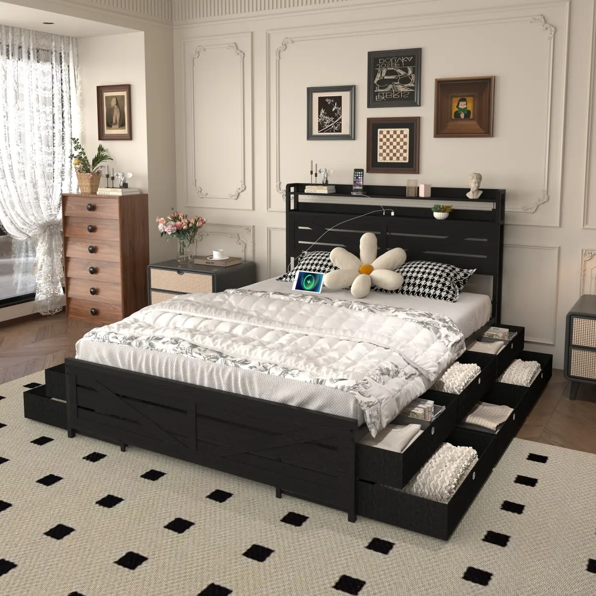 Queen Sized Bed Frame - Black Metal Platform with 12-Drawer Tidy Storage Headboard, LED Lighting, Quiet Mattress Fit, Anti-Slip, Sturdy Slat Support, MDF, USB Port, Silent, 86.50x60.19x44.88in, 95.90lbs, Assembly Required
