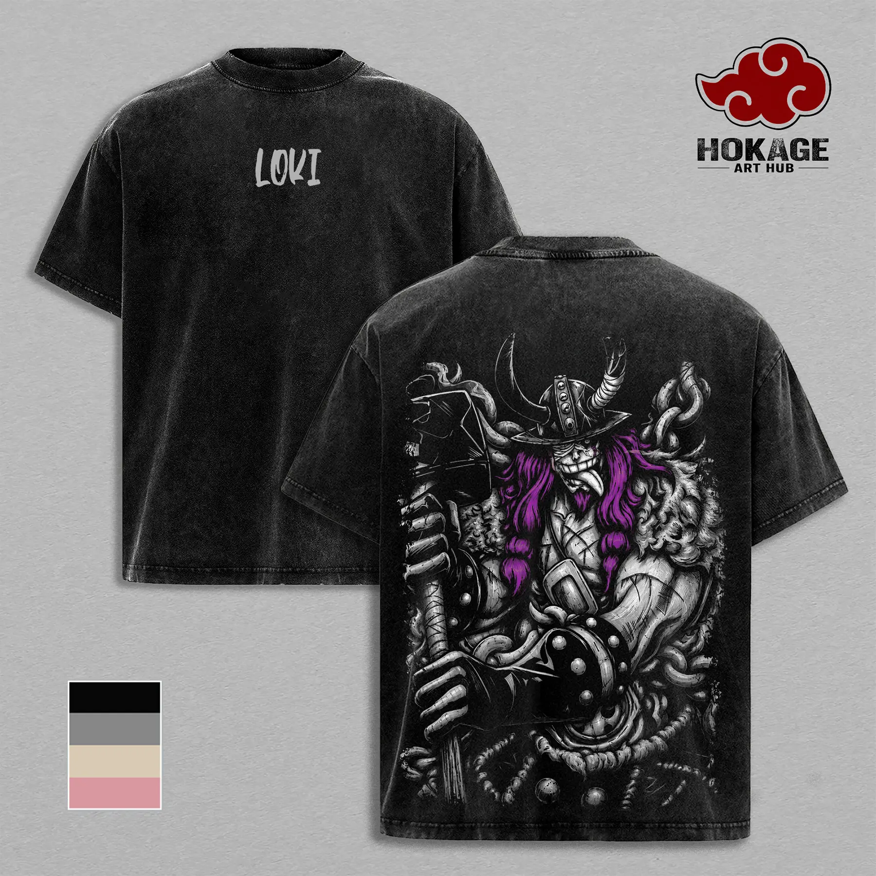 Loki Washed Tee – One Piecee Anime Elbaf Giant Prince Manga Graphic Double Printed T-Shirt, Menswear Heavy Cotton Unisex Oversize Streetwear Vintage Anime Tee