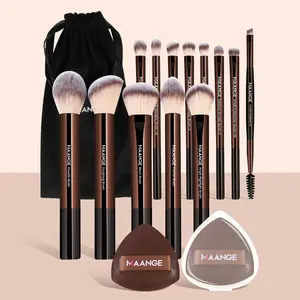 MAANGE Brown Makeup Brush Set With Storage Bag, 13pcs Makeup Brushes & 2 Counts Powder Puff & 1 Count Bag, Professional Makeup Tools for Women, Valentine's Day Gift, Beauty Cosmetics Kits, Coffee Brown Makeup Brushes, Blurring Brush Set