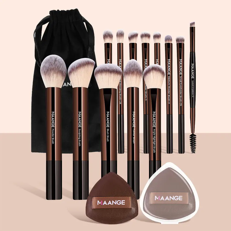 MAANGE Coffee Brown Only Brushes Synthetic Cosmetic 13-Brush Variety 13pcs Beauty Cosmetics Kits with 2 Powder Puffs, 1 Storage Bag, Blurring Tools, Women's Valentine's Day Gift