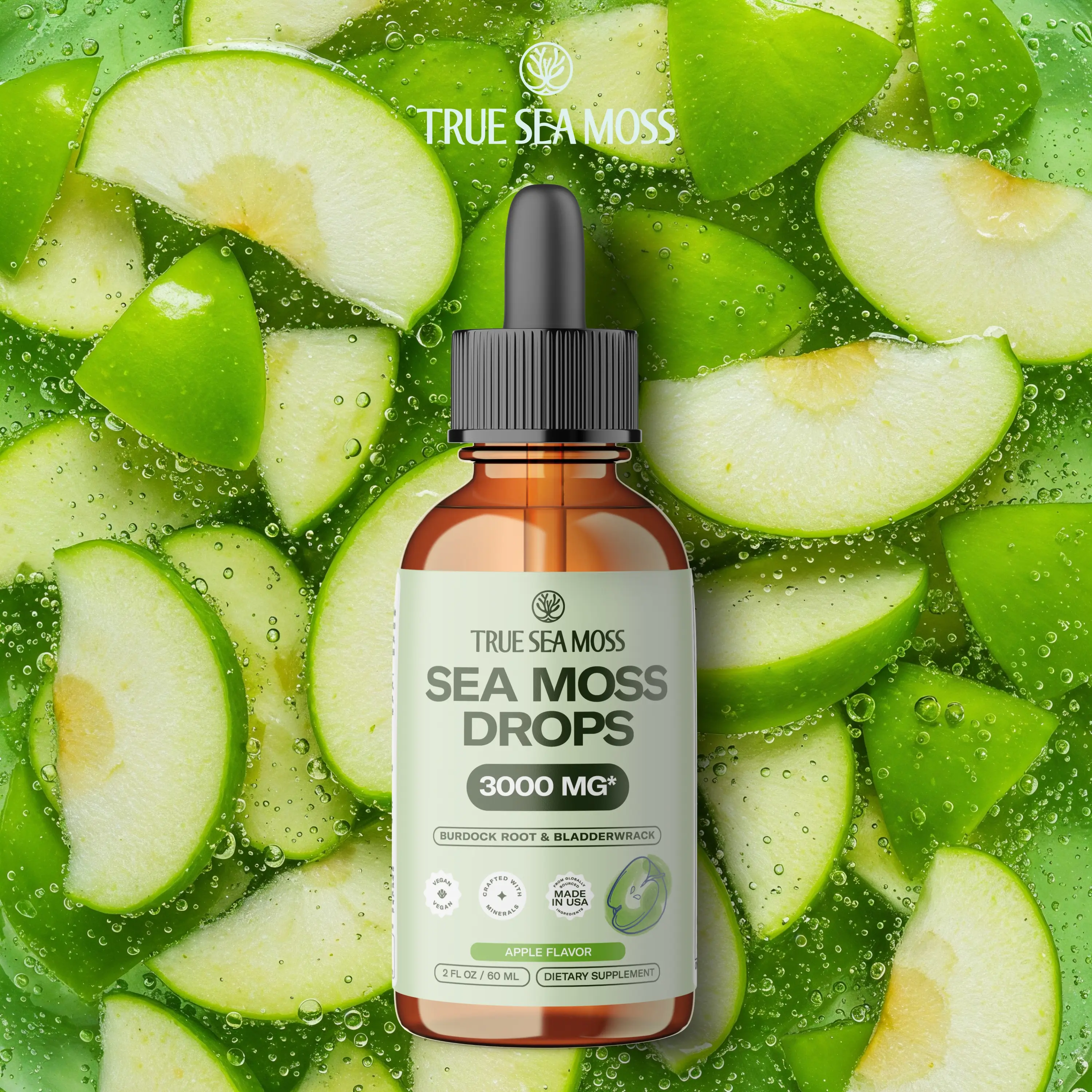 TrueSeaMoss Irish Sea Moss Drops – Apple Flavor – 5X Stronger Than Sea Moss Gel – With Bladderwrack, Burdock Root & Black Cumin – Rich in Minerals & V