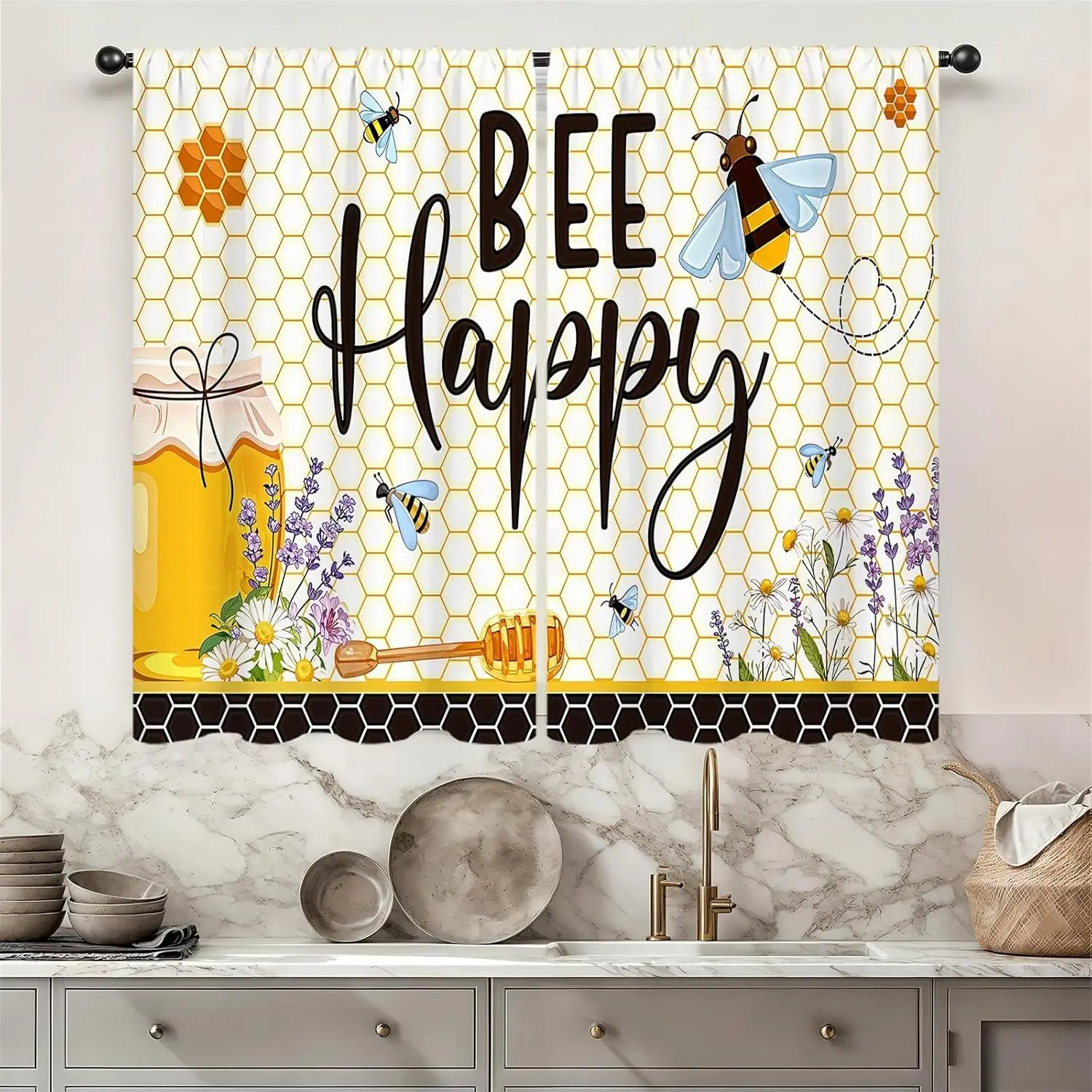Yellow Bee Farmhouse Yellow Floral Vintage Floral Animal Decorative Kitchen Curtains, 2-Panel 27.5W x 39L Bumble Bee Honey Flower Daisy Design Short Cafe Tier Drapes for Kitchen Window Decor, Yellow Curtains, Floral Curtains