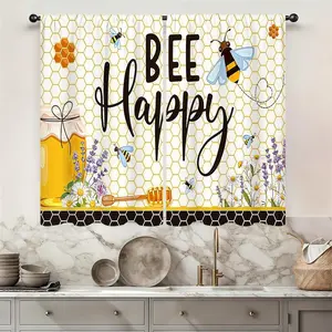 Yellow Bee Farmhouse Kitchen Curtains, 2-Panel 27.5W x 39L in Bumble Bee Honey Flower Daisy Design, Short Cafe Tier Drape for Kitchen Window Decor