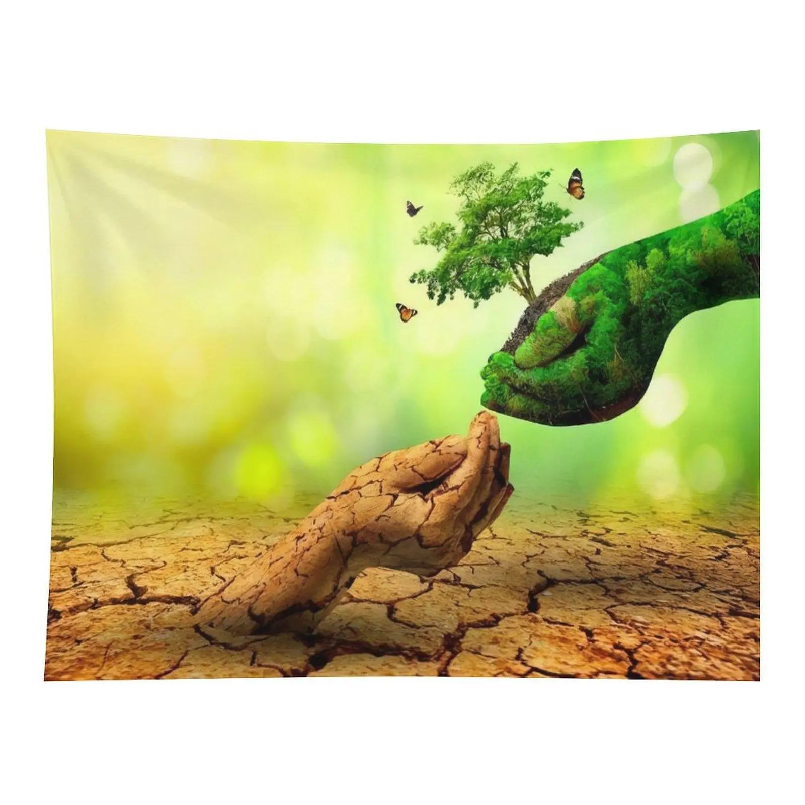 Dry Cracked Earth Green Forest Hand Tree Environmental Protection Nature Wall Tapestry Wall Hanging, Eco Butterfly Serene Landscape Office Living Room Decor Backdrop