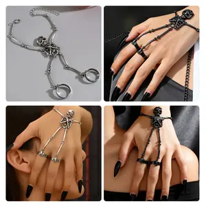 2 Counts Bracelet Finger Fashion Handmade Halloween Wristband Skull Fingers Metal Skeleton Hand Bracelet With Ring For Women Birthday Gift