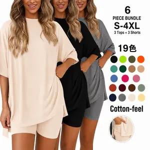 Crewneck Two-Piece Set for Women Summer Casual Oversized Split Hem Shirts and Side Pocket Leggings Shorts, Minimalist Lounge Wear, Soft Double-Sided Brushed Milk Silk Fabric, Comfy Homewear Cozy Pjs, Valentines Day Gift，Loungewear, Pajama