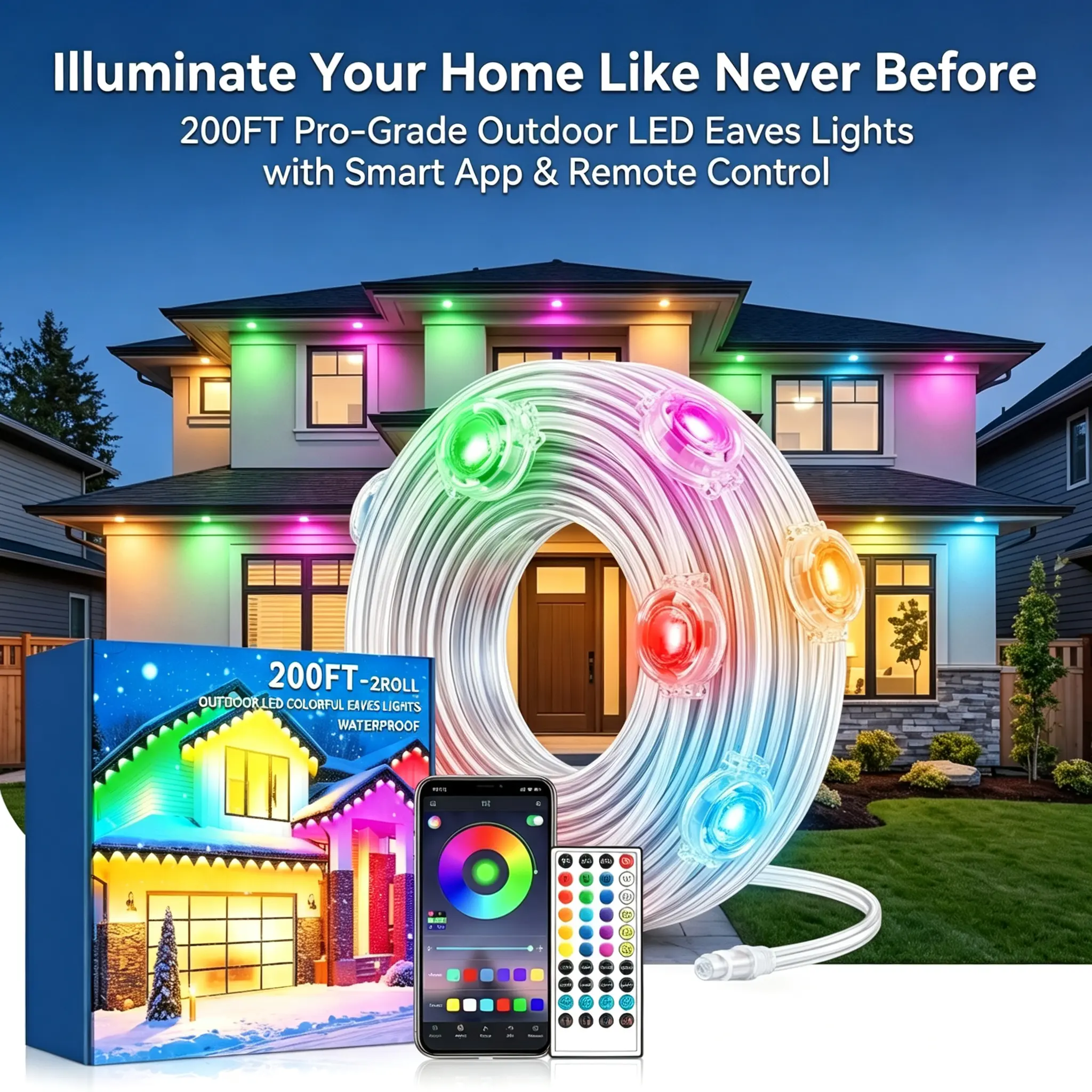 IP65 Weatherproof RGB Permanent Outdoor Eaves LED Light Strips, UV-Resistant, Music Sync, Timer Control, DIY Colorful, 100/150/200FT for Villa Backyard Holiday & Party Decorations