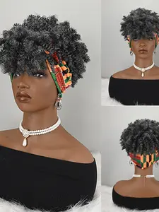 Curly Wig with African Print Headwrap, Synthetic Hair, Medium Length, Easy Wear Turban Style, All Seasons, Coily Hair, Synthetic Fiber Wig