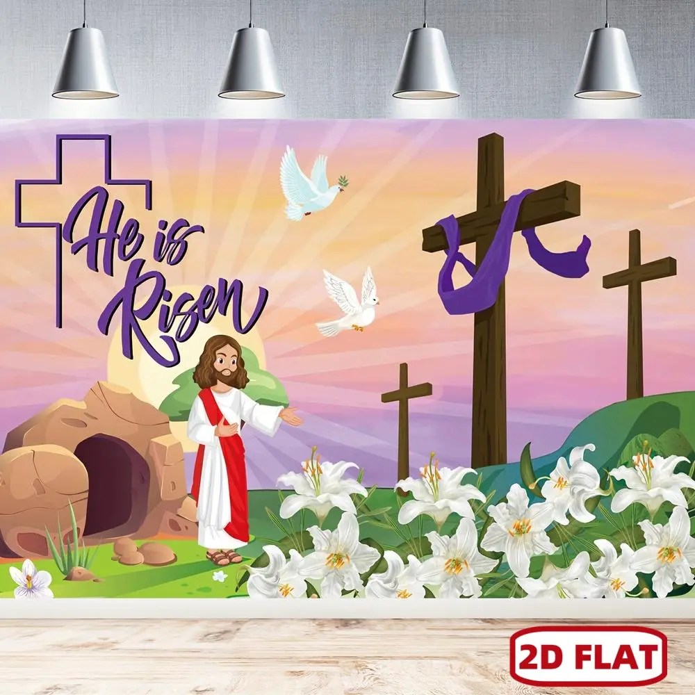 1pc Polyester 2D Flat Print Happy Easter He Is Risen Religious Backdrop, Lettered Photo Booth Banner for Easter Day Party Wall Supplies