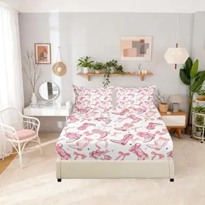 Cowgirl Fitted Sheet,Western Cowboy Boots Pink Bowknots Bed Sheet,Dreamy Princess Starry Decorative Fabric Bedding