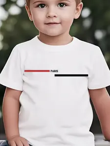 Toddler Boys' Cotton Blend Crewneck T-Shirt - Short Sleeve, Fitted Cut, Medium Length, Casual Paris Print Slogan Letter, Soft Summer Kids' Top