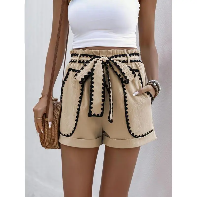Women's Textured Colorblock Shorts - Casual Fitted Summer Style with an Adjustable Tie Front and Pockets, Multicolor