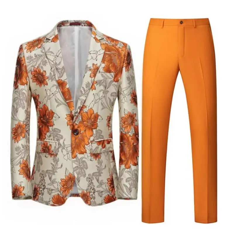 suit set Men Suit 2 Pieces Orange Flower Pattern One Button Business Casual For  Wedding Birthday Party Set Jacket And Pants