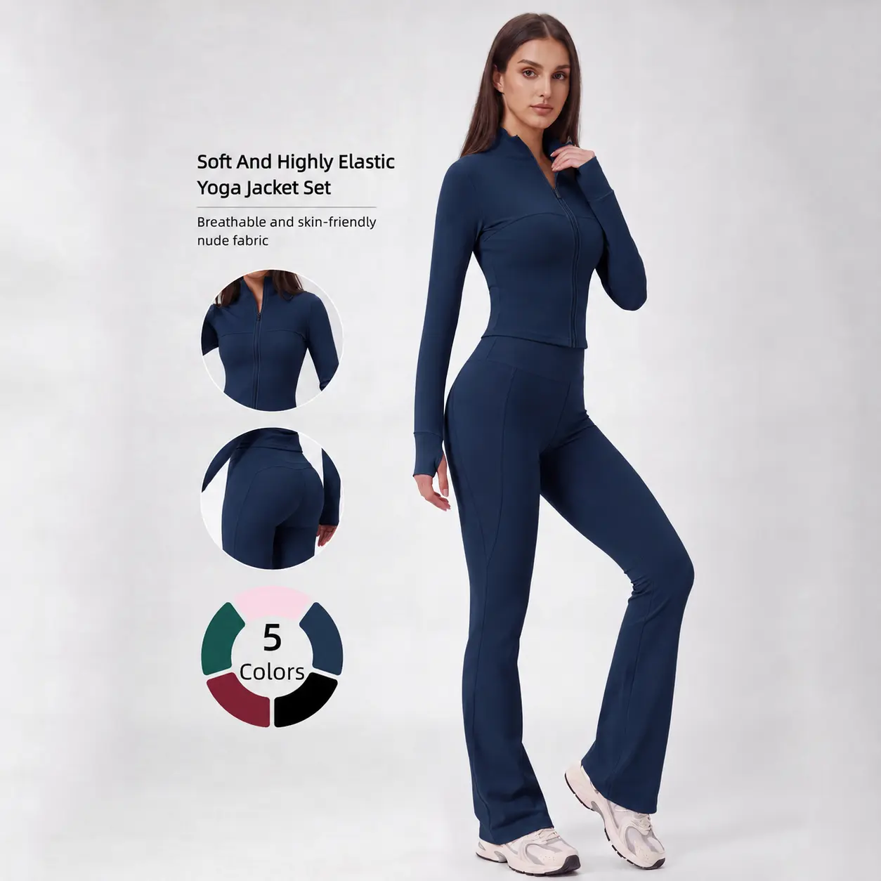 Women’s two‑piece activewear set featuring a sculpt zip‑up jacket and butt‑lifting wide‑leg yoga leggings, ideal for yoga, gym training and everyday outfits.